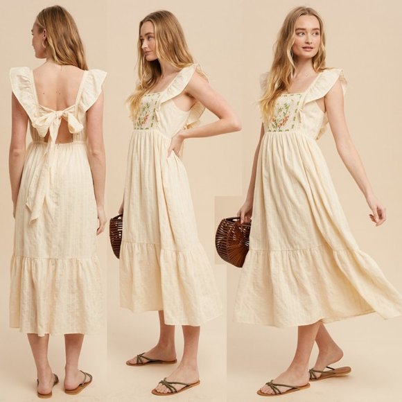 NEW Cream Apron Ruffle Square Neck Floral Embroidered Tie Back Cotton Midi Dress - Picture 4 of 12